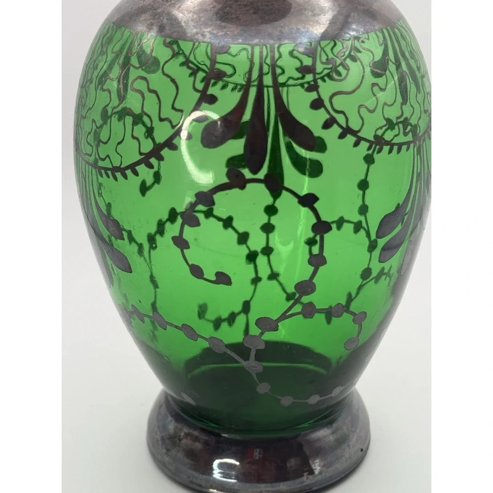 VTG Italian Emerald Green Glass Decanter & Glasses Silver Overlay Florence Italy
